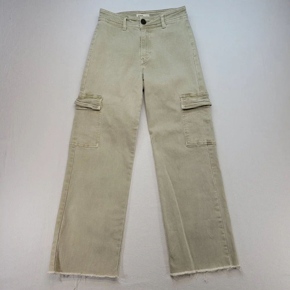 OAT New York‎ Cargo Jeans Womens 4/27 Green Wide Leg Raw Hem High Rise Utility